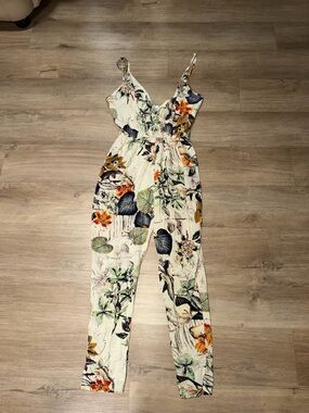 Tropical-Print Cream V-Neck Wide-Leg Jumpsuit